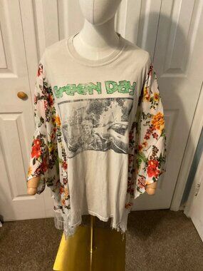 Green Day 2024 Tour Upcycled Graphic T-Shirt with Flowy Floral Sleeves OSFM